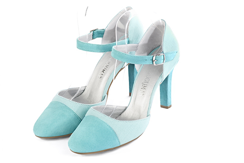 Aquamarine blue women's open side shoes, with an instep strap. Round toe. Very high slim heel. Front view - Florence KOOIJMAN